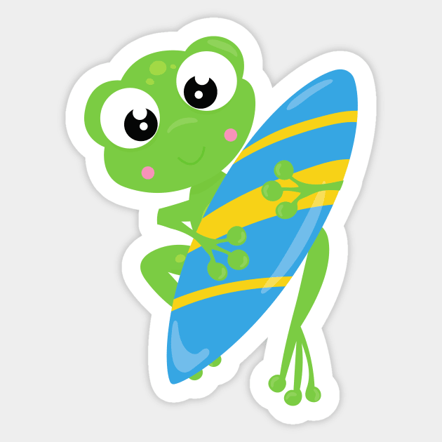 Cute Frog, Little Frog, Green Frog, Surfing Board Sticker by Jelena Dunčević